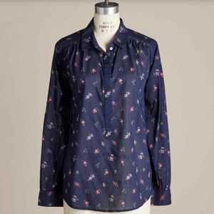 Sundance Poppy Bloom Floral Henley Button Popover Top Long Sleeve Navy Blue